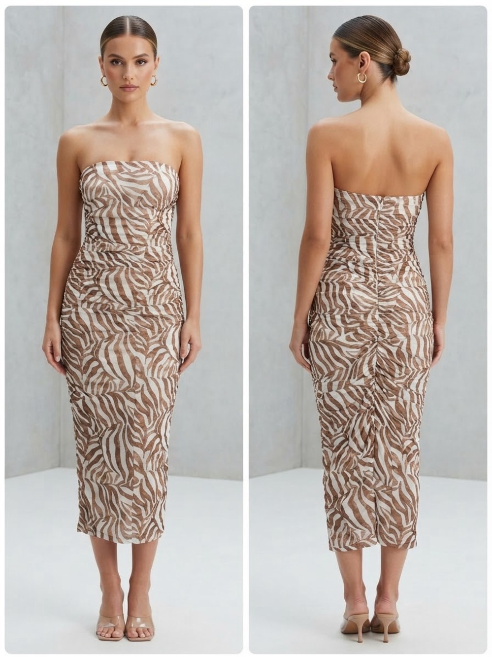 Strapless Zebra-Print Midi Dress in Brown and Cream